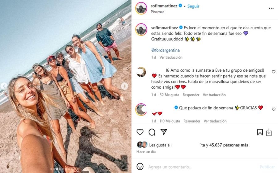 Sofía Martínez se mostró bien acompañada en Pinamar tras alejarse de Diego Leuco