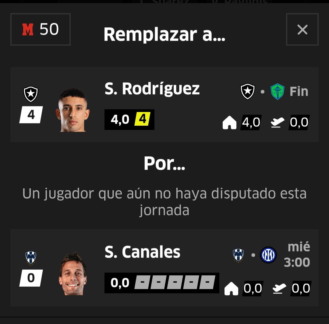 Cada cambio durante la jornada nos cuesta 50 créditos