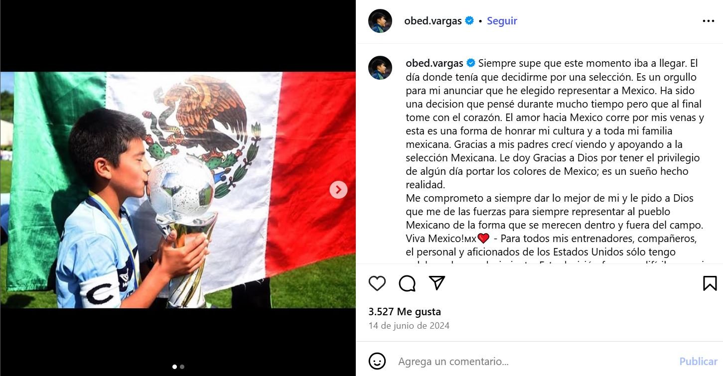 Obed Vargas, en el momento de anunciar su decisión de representar a México.