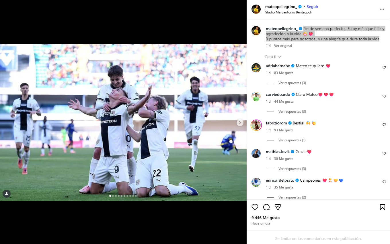 Mateo Pellegrino celebra la victoria sobre el Hellas Verona.