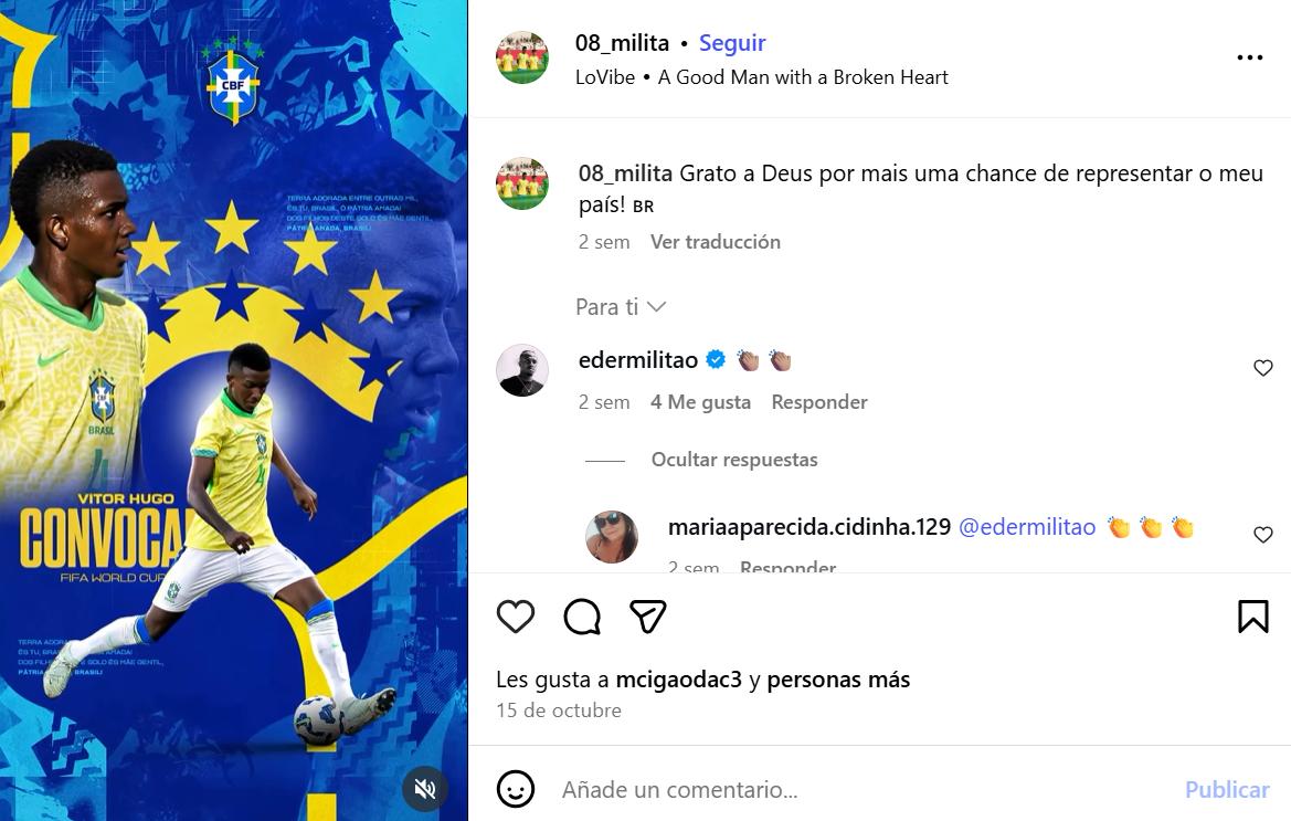 El 'post' de Vitor Hugo y los aplausos de Éder Militao.