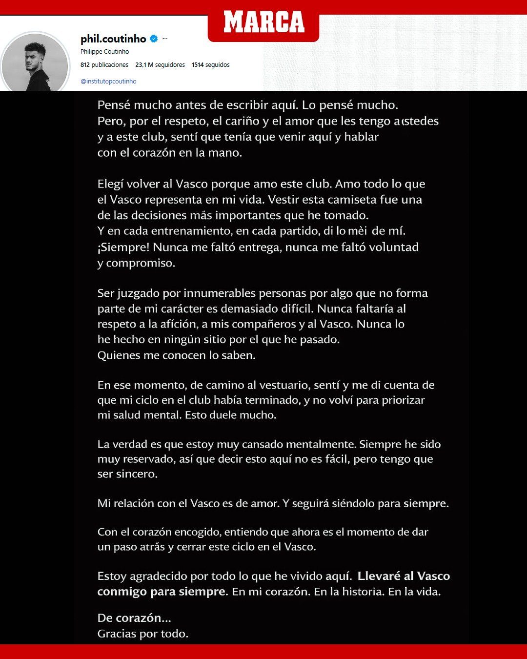 La historia de Coutinho en Instagram.