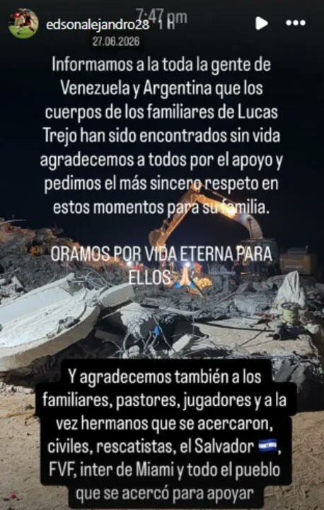 Edson Tortolero: "Informamos que los cuerpos de los familiares de Lucas Trejo han sido encontrados sin vida"